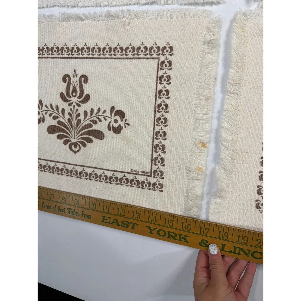 VTG Pfaltzgraff Village Placemats Brown Cream Floral Fringed Farmhouse Set of 5